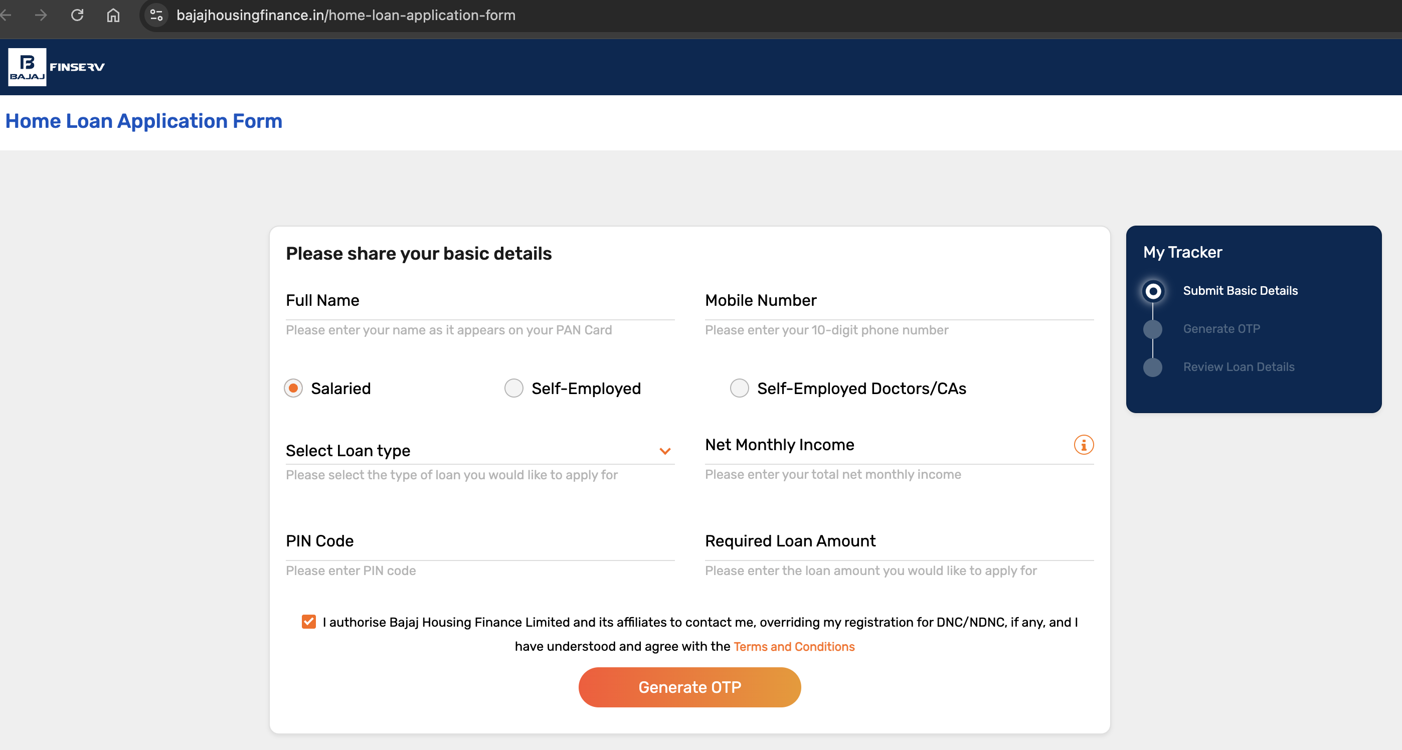 home loan application with bajaj housing finance